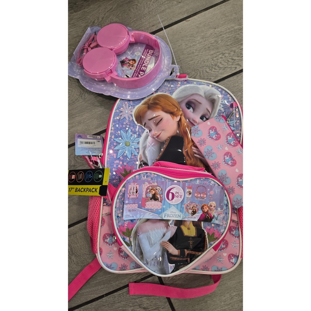 Disney Frozen 2 Backpack 6 Pc Set Elsa Anna 17in Bag Lunch Box Headphones Pink